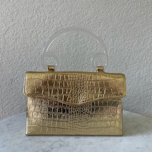 Midcentury Gold Croc Embossed and Lucite Handbag - Picture 2 of 7